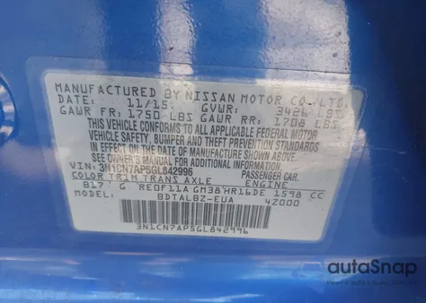 2016 Nissan Versa 1.6 S/1.6 S+/1.6 Sl/1.6 Sv z USA, uszkodzony, nr VIN 3N1CN7AP5GL842996